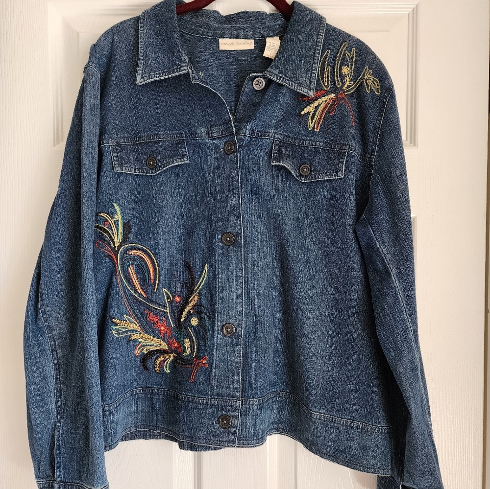 Marsh Landing Embroidered Denim Jacket, Size L, Like New Condition